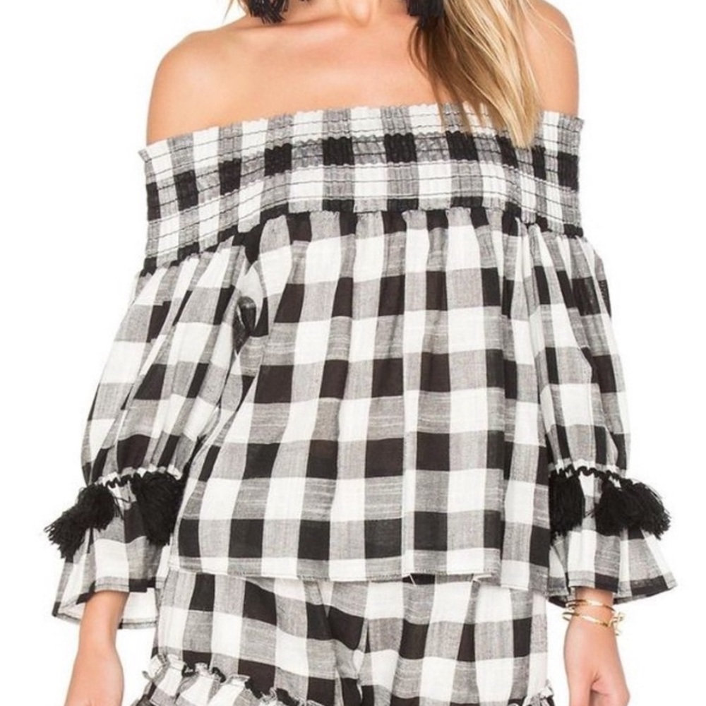 MISA Genevieve Black White Plaid Off The Shoulder Long Sleeve Tassel Top